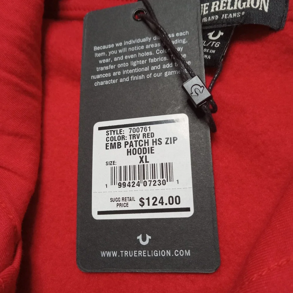 True Religion NWT Embroidered Patch Long Sleeve Zip Hoodie Men's XL Red